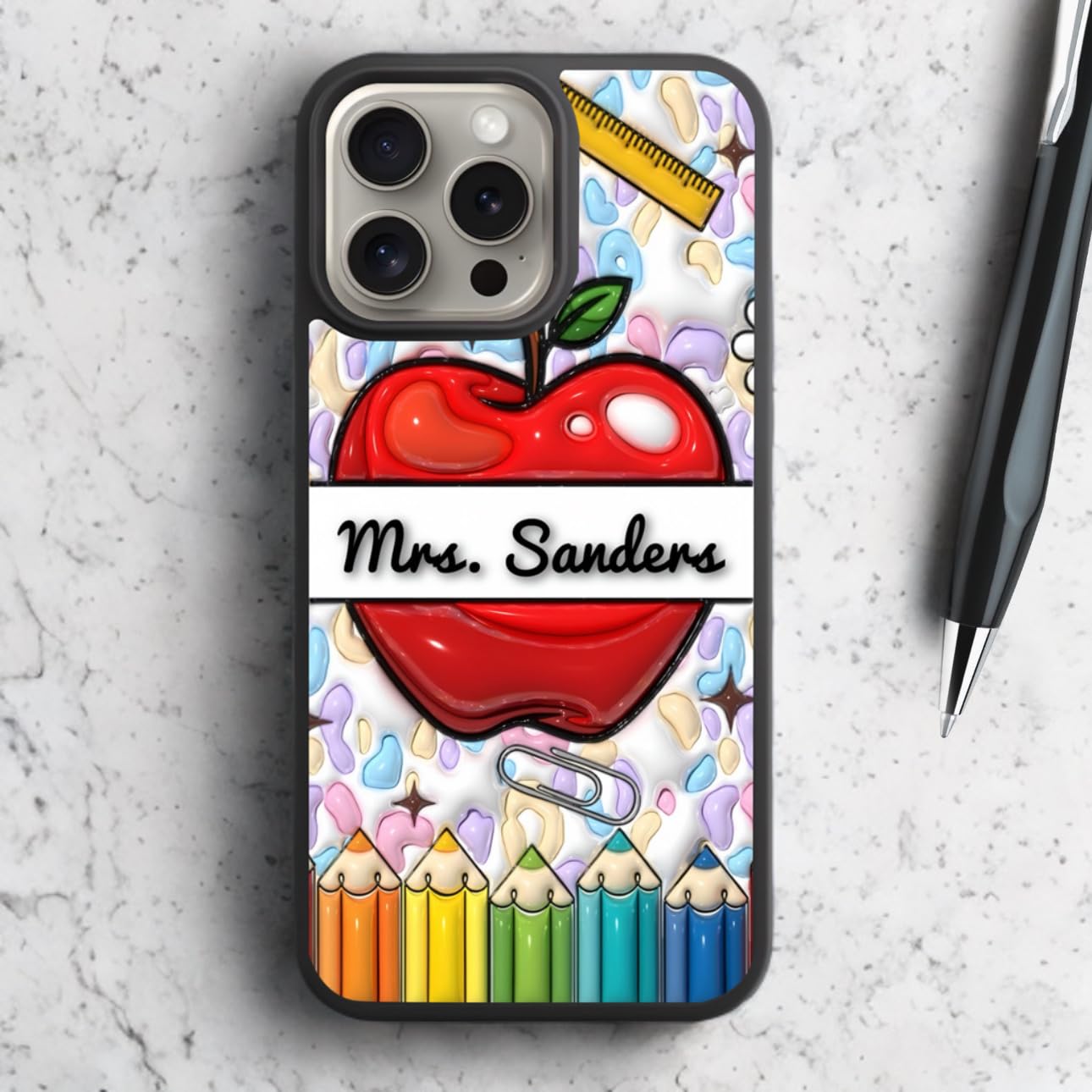 Teacher Phonecase Compatible with iPhone 16/15/14/13/12/11/ Cellphone Cases Personalized case with Teacher Name 3D Puff (Look) Teacher Appreciation Week Gifts for Teachers Black
