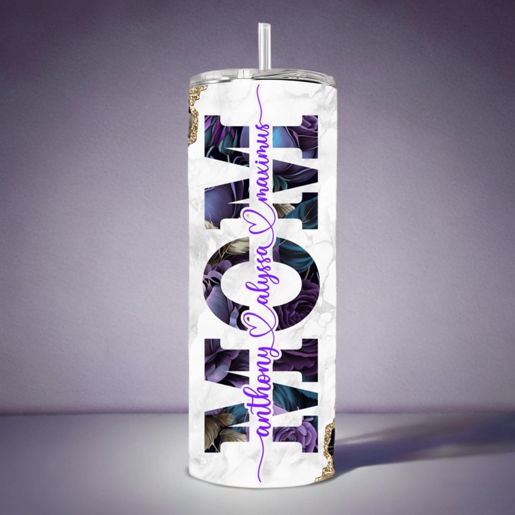 Mother's Day gift ideas for mom personalized tumbler cup mug with kids names, gifts for mom daughter birthday, mom tumbler cup Best custom mom gifts (purple)